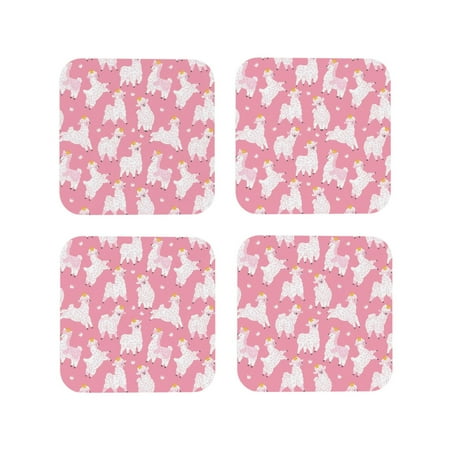 

Leather Coasters Set of 4 - Happy Cute Alpaca Crown Lightweight Non-Slip Drink Coasters for Desk Anti-Scalding Desk Cup Coasters for Office Table Decor Square