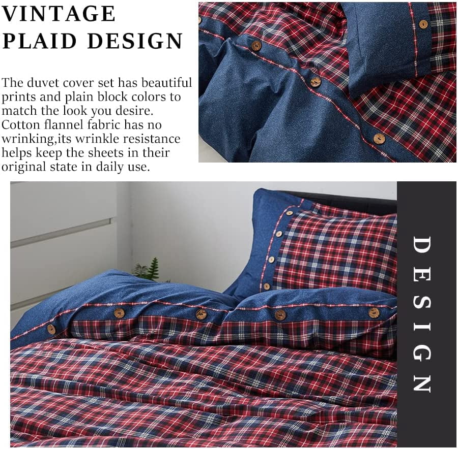 Simple&Opulence 100% Cotton Buffalo Check Plaid Printed Duvet Cover Set, 3 Piece Bedding Set Including 1 Comforter Cover and 2 Pillow Shams, Soft and Comfortable (Queen,Red)