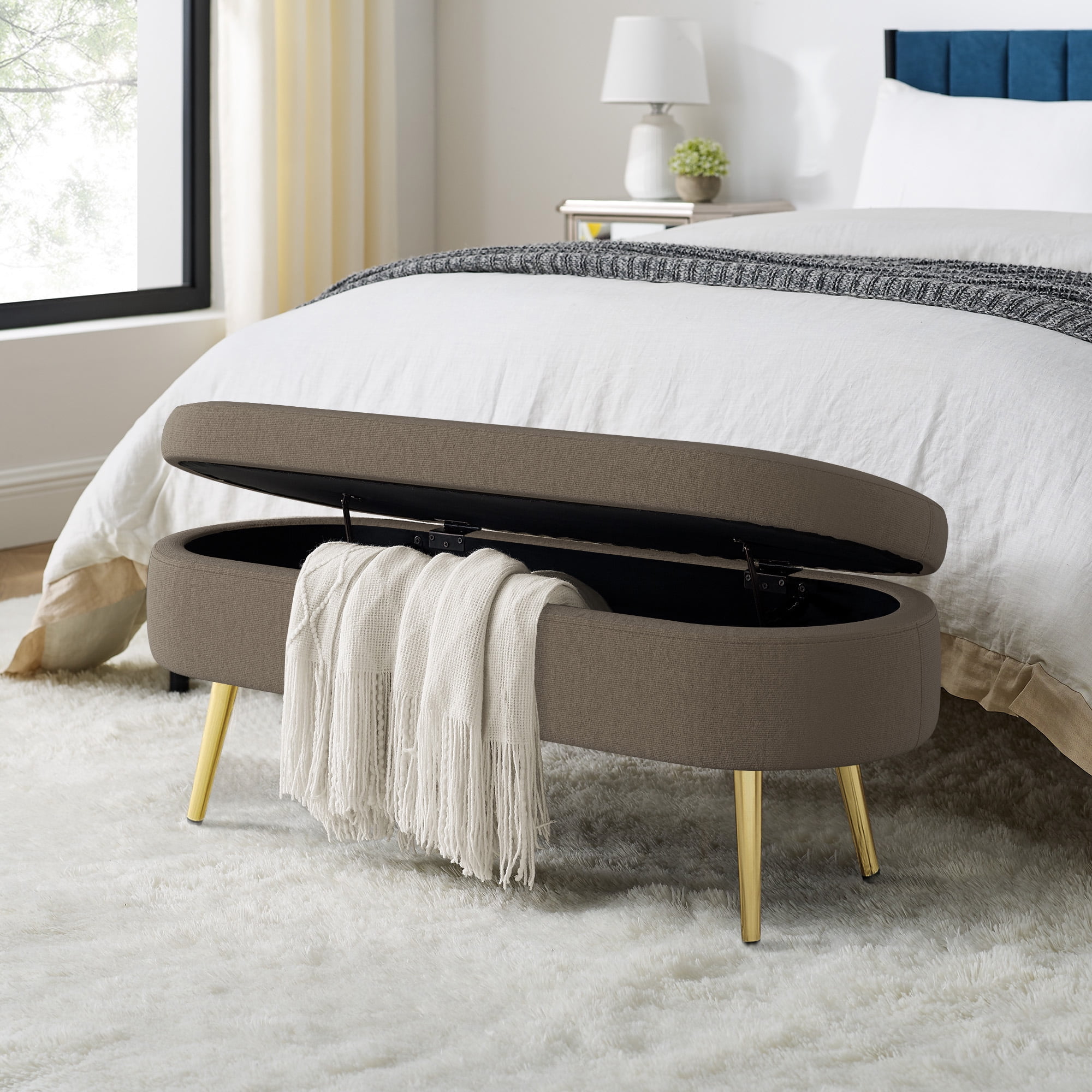 Oval Flannel Storage Ottoman Bench, Upholstered Footstool with Metal Legs, 43.5"x16"x16", 250lbs Capacity for Home Decor