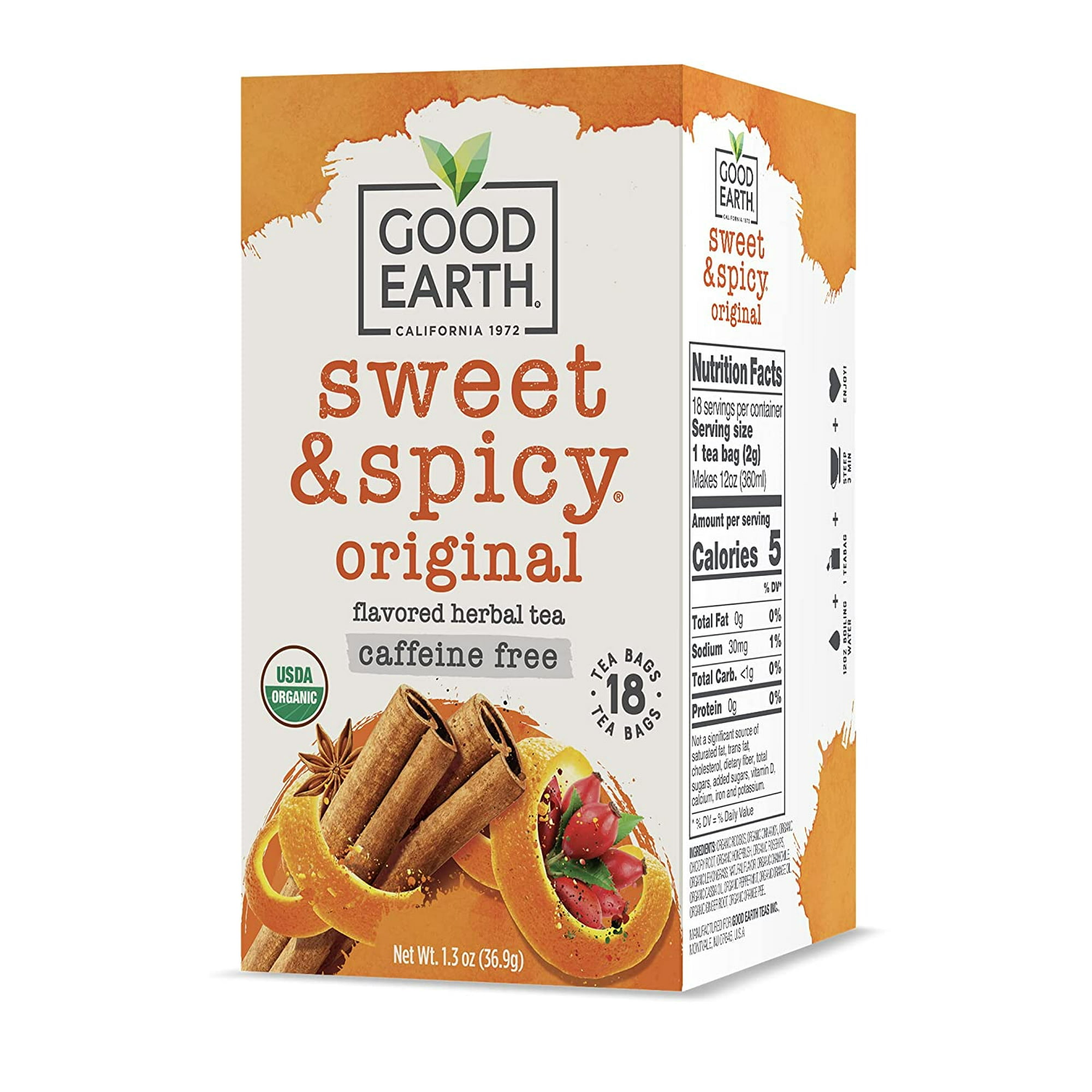 Organic Sweet & Spicy Herbal Caffeine Free Good Earth Teas 18 Tea Bag