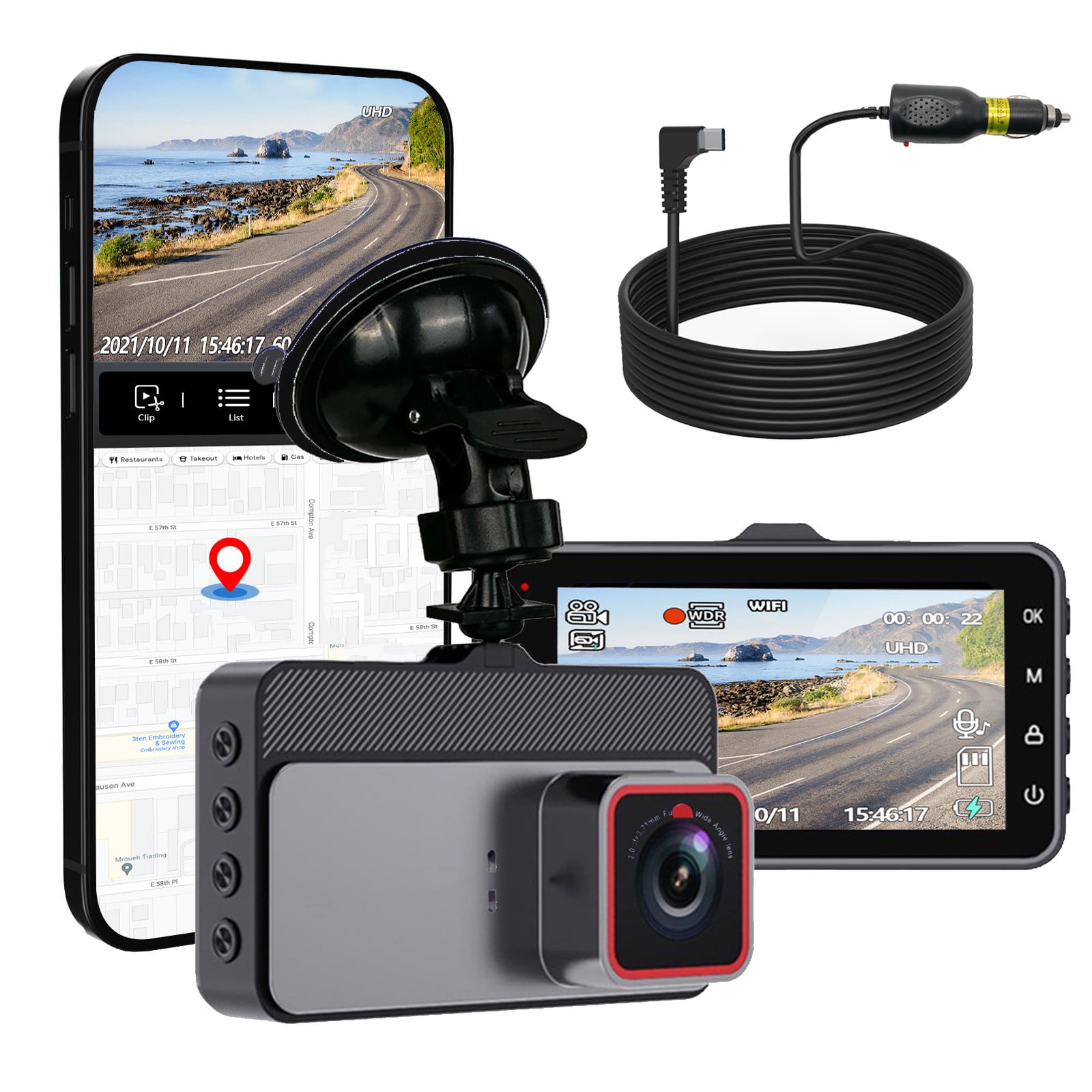 Dash Cam Front, 3" IPS Screen Dash Camera for Cars, WiFi GPS Mini Car Dashcam Built-in 170 Degree Night Vision, Parking Monitor, WDR, Motion Detection,128GB Max