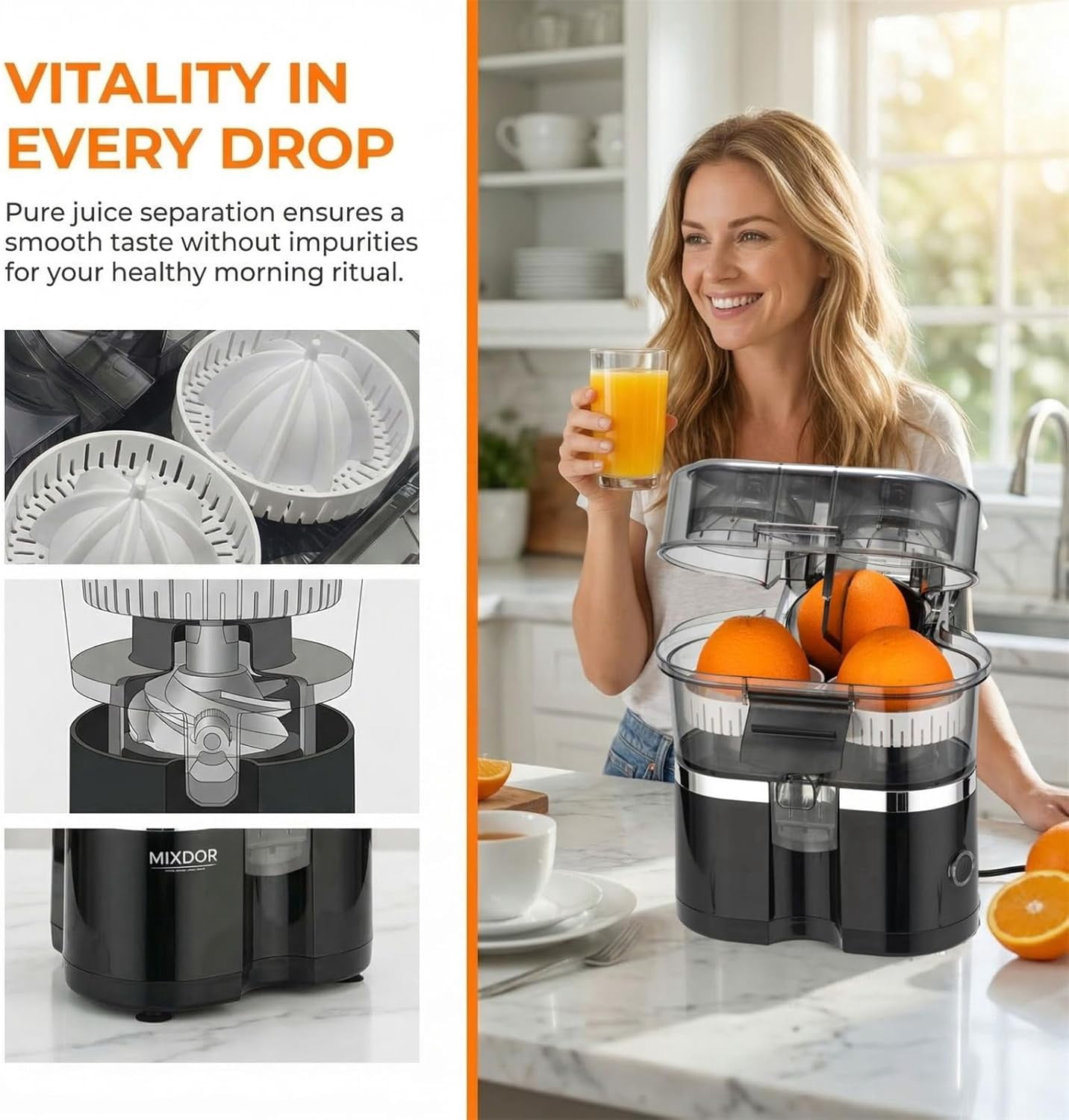 Dual-Head Automatic Citrus Juicer, Orange Juicer Electric, 1-Button Automatic Juicer Machine for Orange, Lemon, Lime, Easy to Clean & Use, Built-in Cutter and Cleaning Brush (White)