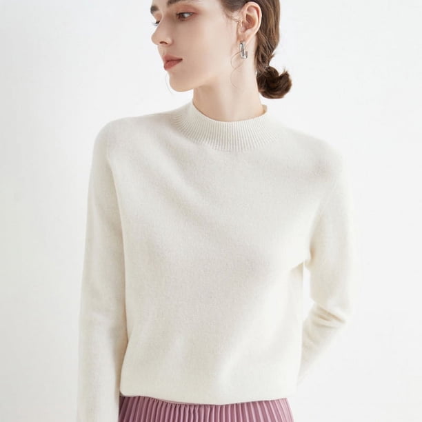 Suéter de cuello alto de lana pura de primera línea sin costuras para mujer, camisa de punto azul Klein de manga larga