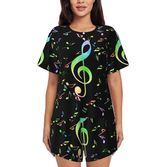 Ratiio Music Notes Print Womens Pajama Sets 2 Piece Soft Short Sleeve Top and Shorts Sleepwear Round Neck Pjs Lounge Set