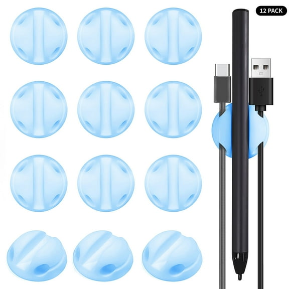 12-Pack Blue Silicone Cable Organizers with Adhesive Backing - Heavy Duty Cord Silicone Cable Clips for Desk, Home & Office (Holds Cables & Pen, Durable Non-Slip Design)