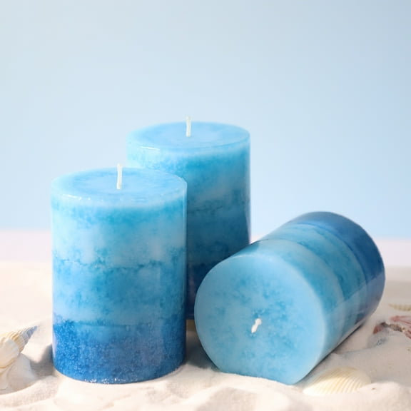Meltone Strong Ocean Scented Pillar Candles , 50  Hrs Long Burning Candles，3 Pack Blue Candles for Home Scented (3x4'')