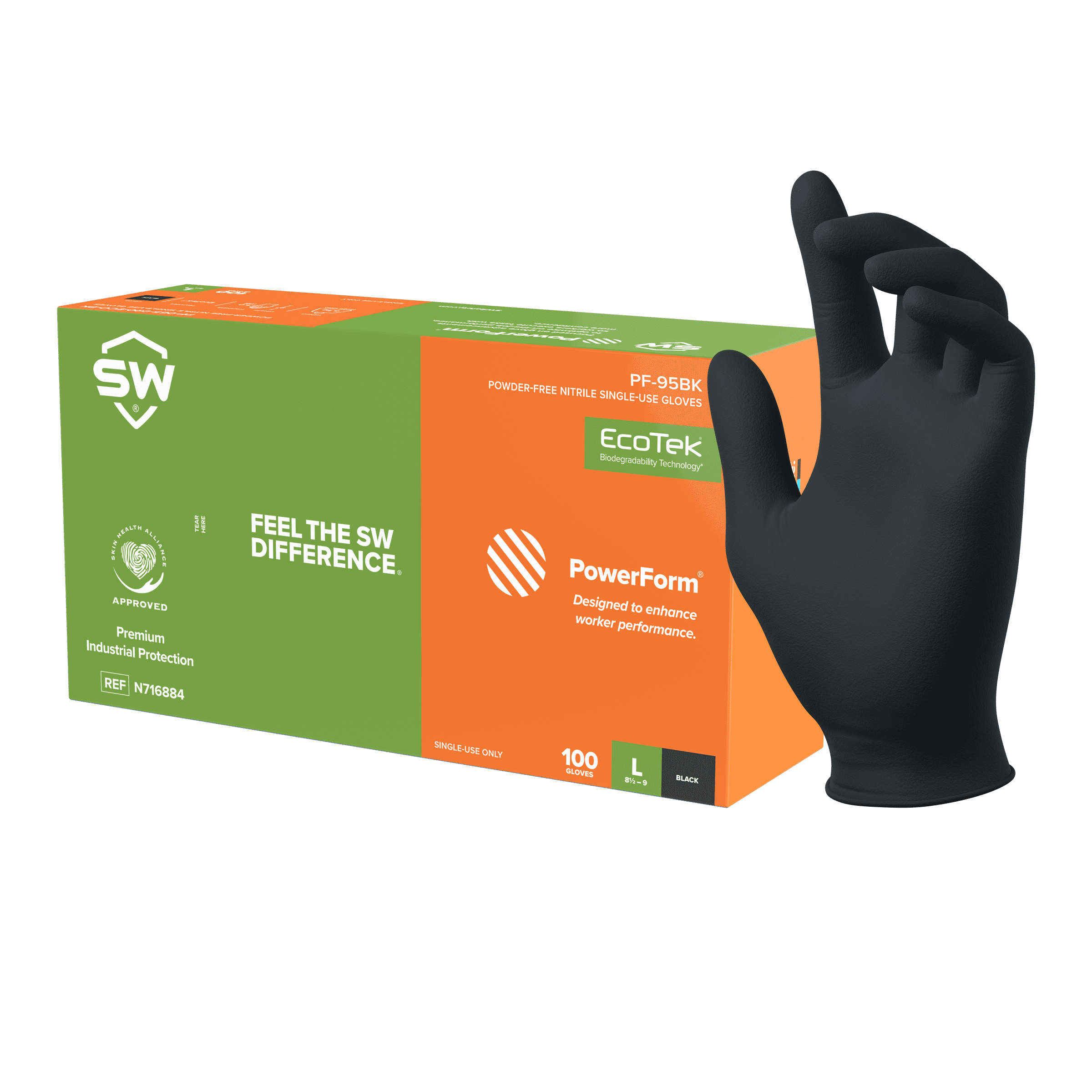 SW Safety PowerForm Nitrile Exam Gloves, PF-95BK Black 5.0mil, Biodegradable, Size XL, 100 Ct