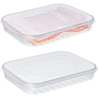 wulikanhua 2 Pack Plastic Bacon Box, Deli Meat Saver Cold Cuts Fridge Keeper, Cheese Food Storage Container with Lid for Refrigerator, Shallow Low