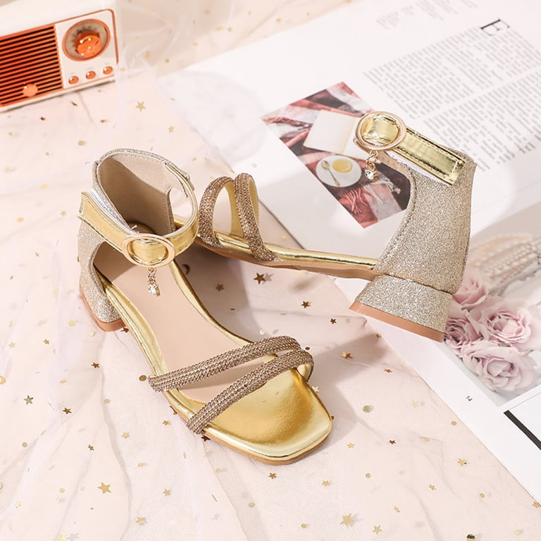 HIgh Heels for Kids Girls Sandals Square Open Toe Glitter Dress Shoes with Ankle Strap Flower Girl Shoes Gold 3.5 Big Kid