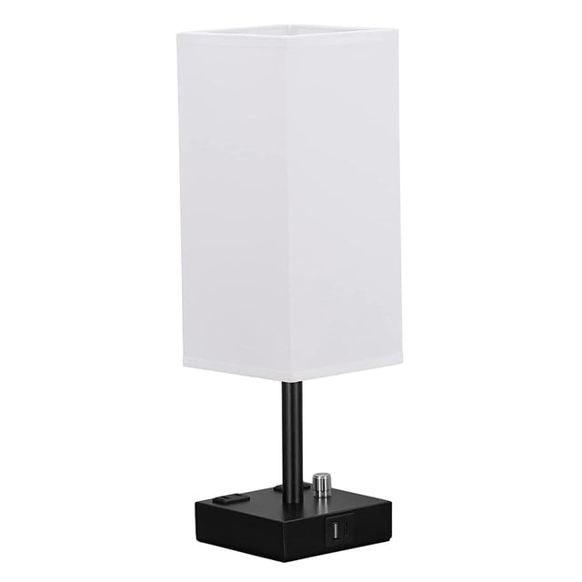 Bedside Lamp with USB Port Dual Outlets with Linen Shade NightStand Lamp White
