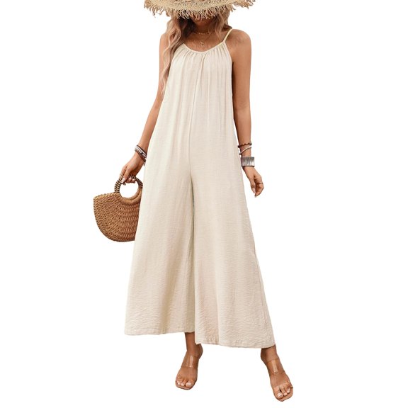 PBFRDSJ One Piece Jumpsuits for Women Sleeveless Spaghetti Strap Loose Romper Summer Casual Breathable Wide Leg Jumpsuit