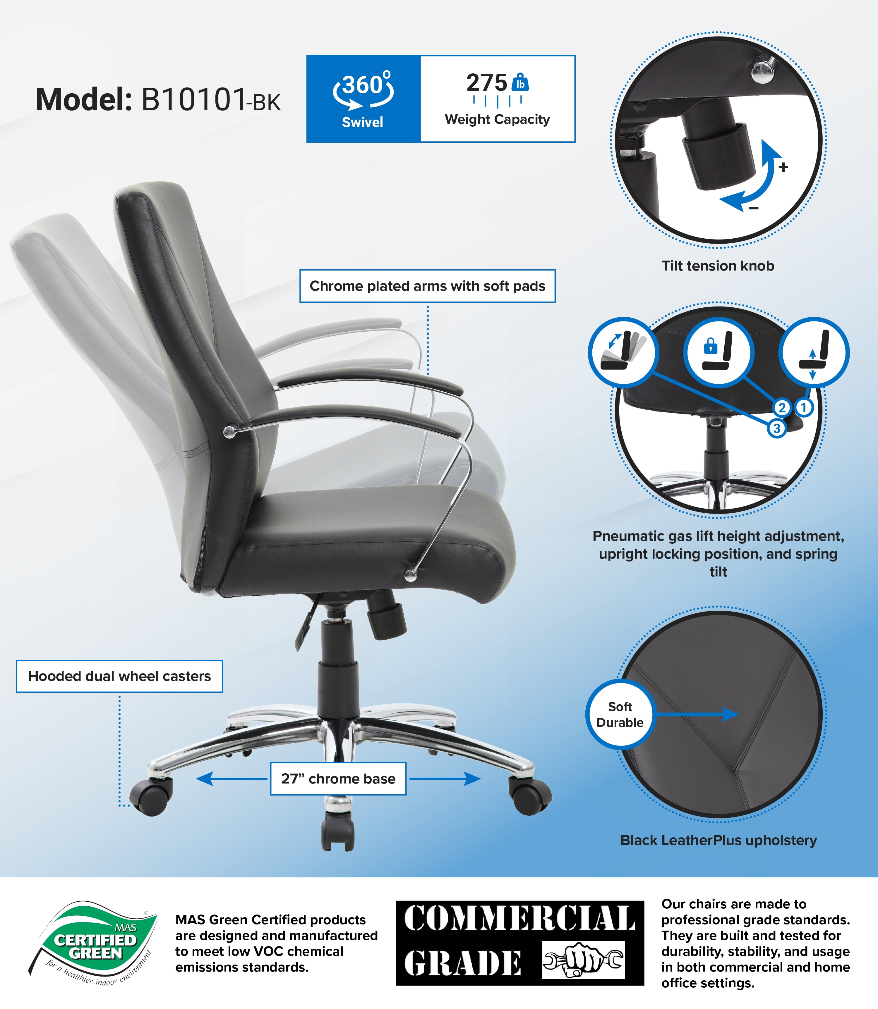 Boss Office Products LeatherPlus Home Office Adjustable Executive Chair with Casters, Black