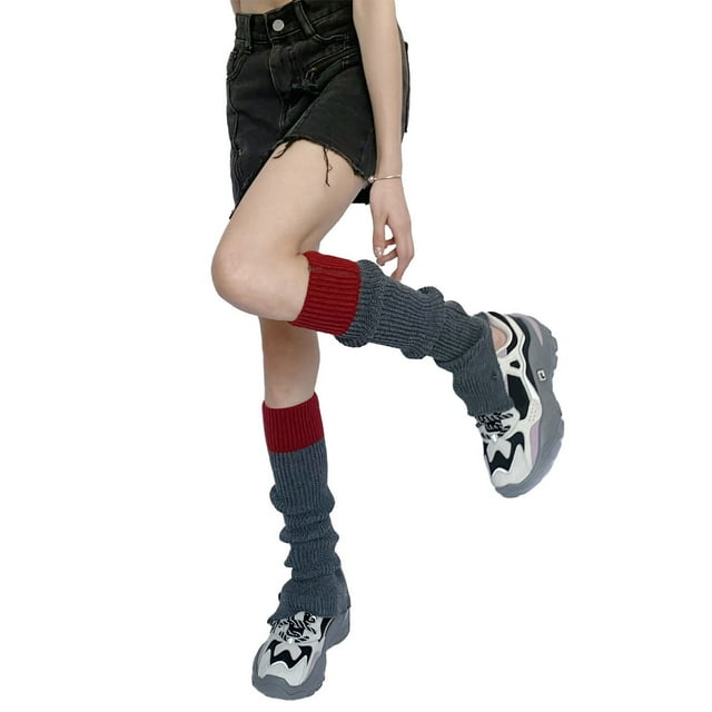Wangsaura Female Leg Warmers, Contrast Color Knee-Length Knitted Leg Sleeve Stockings