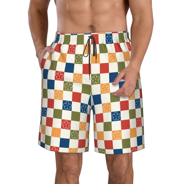 Fotbe Floral Checkerboard Trajes de Baño Estampados para Hombre, Shorts de Verano de Secado Rápido, Ropa de Playa, Bañadores-Medium