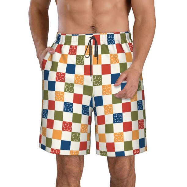 Balery Floral Checkerboard Traje de Baño Estilo Hawaiano para Hombre, Shorts de Secado Rápido con Bolsillos-Medium