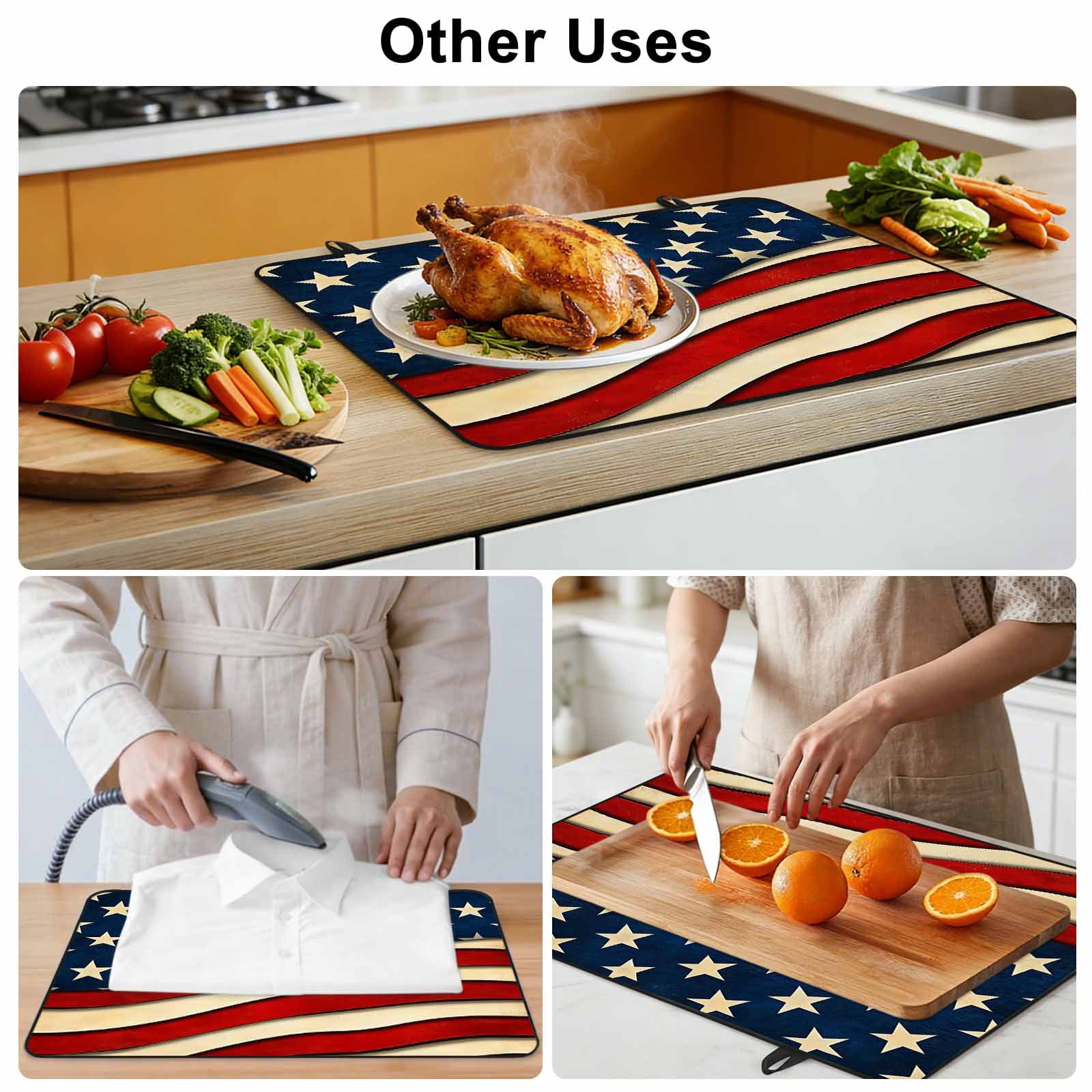 Vintage American Flag Stove Top Cover for Electric Stove, Heat-proof & Non Slip Glass Top Stove Cover Protector, Red Beige Waves Kitchen Flat Cooktop Rubber Mat 24x21 Inches