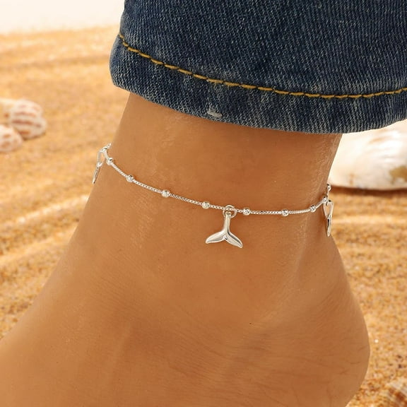 1Pcs Bohemian Alloy Whale Tail Charm Anklets for Women Whale Tail Link Anklets Platinum Ankle Bracelets