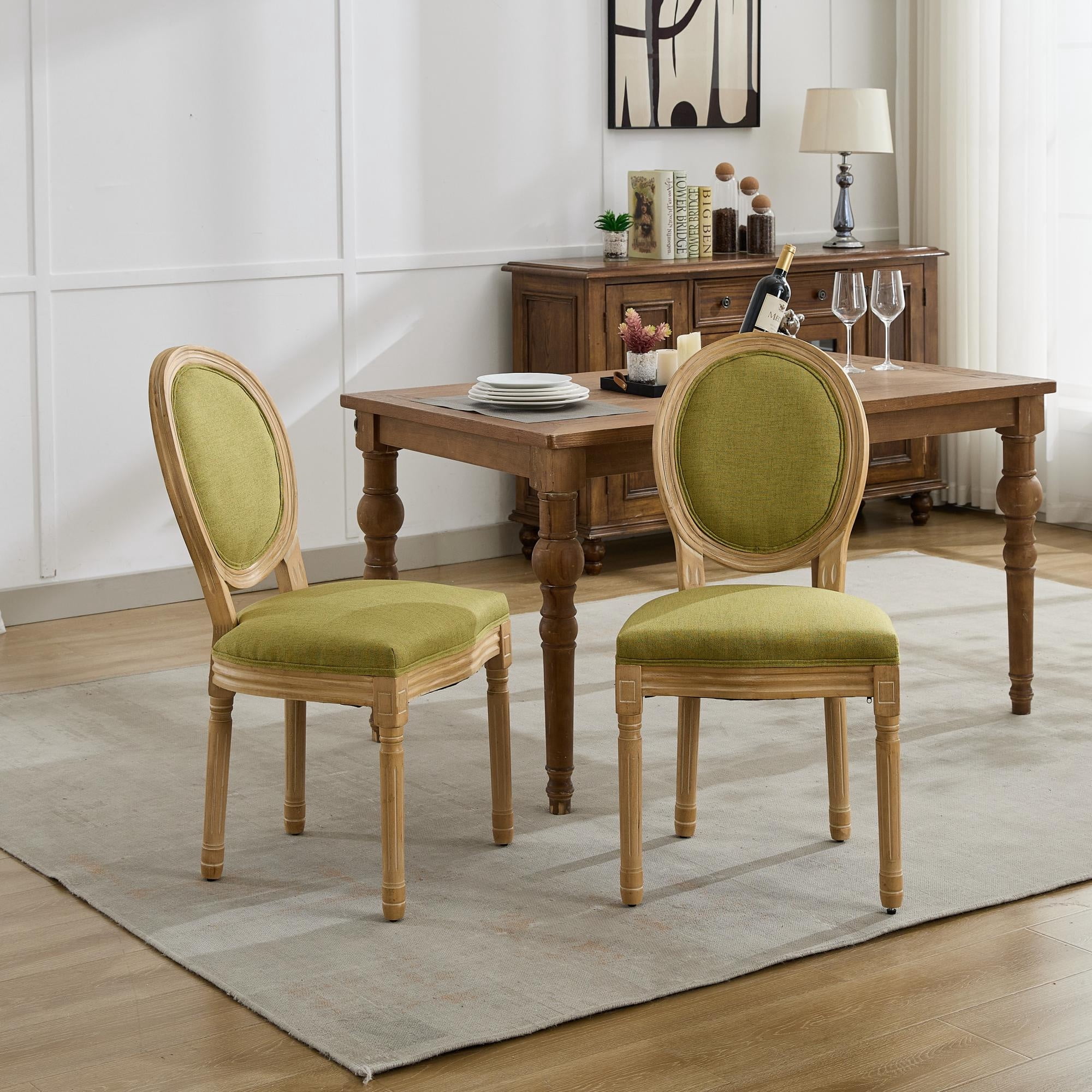 Miniyam Dining Chair Set of 2, French Style Antique Painting Linen Fabric Back, Olive Green