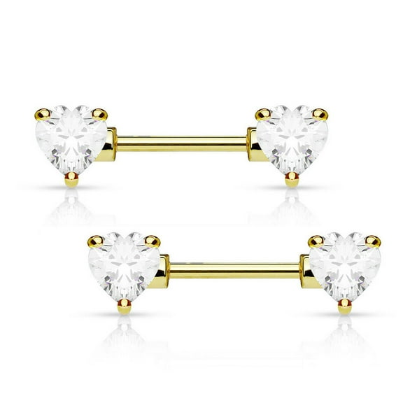Nipple barbell ring 14 Gauge 12mm Surgical steel Ion plated gold with hearts cz