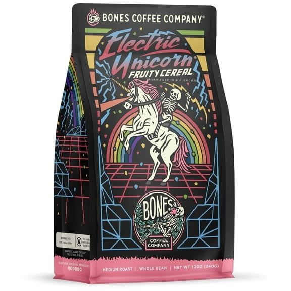 Bones Coffee Company Electric Unicorn Ground Coffee Beans Fruity Cereal With Milk Flavor, Low Acid Flavored Coffee, Made with Arabica Coffee Beans, Medium Roast Gourmet Coffee (12 oz)