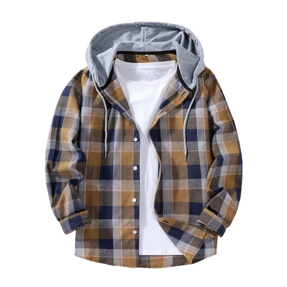 Mens Button down Shirts Casual Long Sleeve Lightweight Plaid Patchwork Hooded Shirt Coat Trendy Tops (XL, Coffee A)