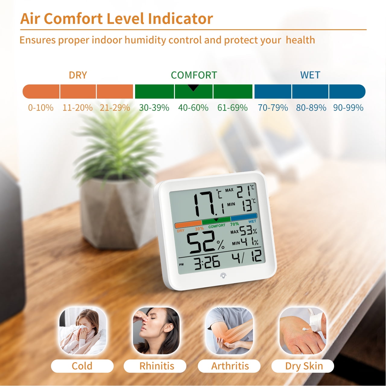 VOCOO Digital Indoor Thermometer Hygrometer, Accurate with Calibration, Backlight, Air Comfort Indicator, 24H Max Min Records, Time, Date