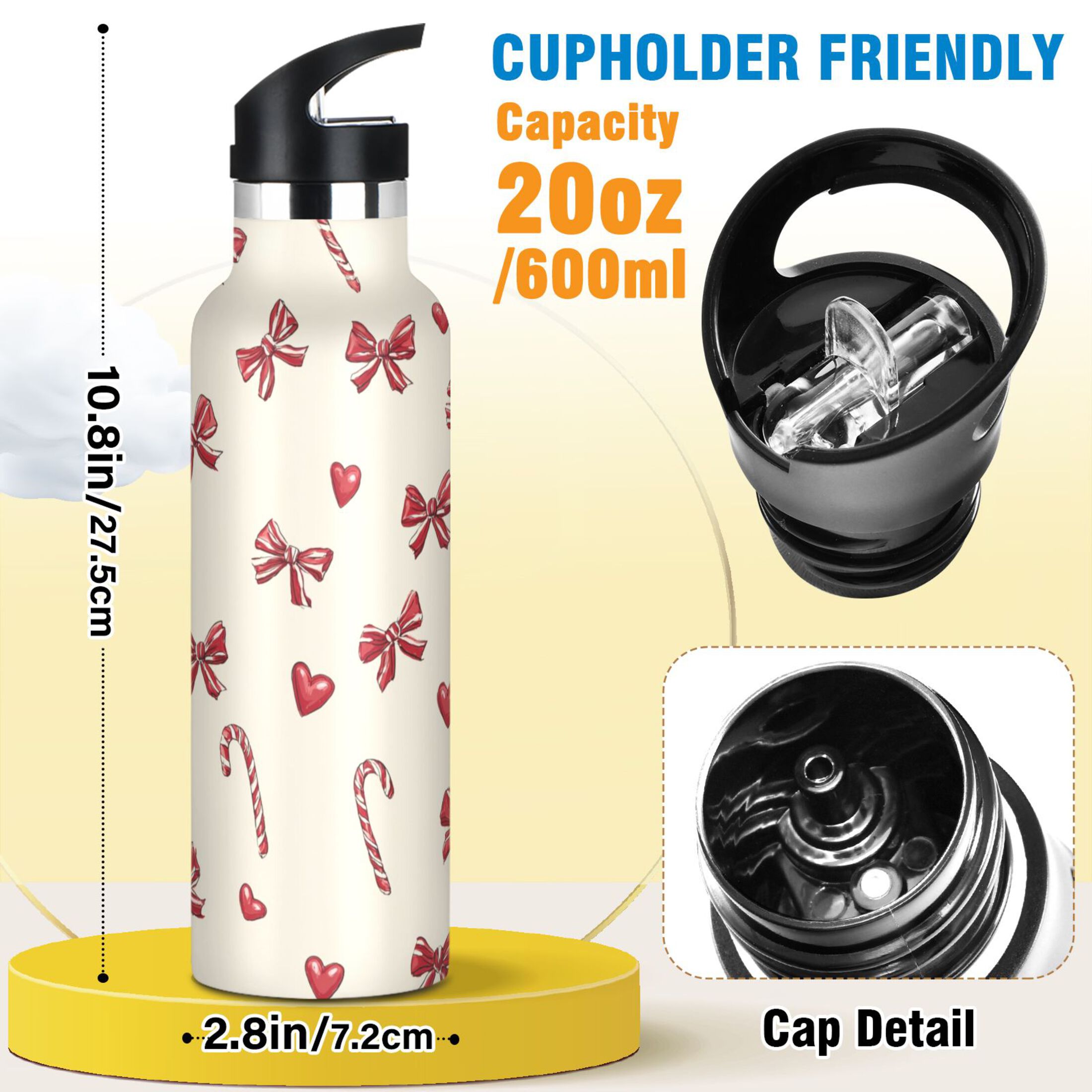 600ML Stainless Steel Insulated Cup Sports Water Bottle Portable Thermos Cup Water Glasses Insulated Tumblers Convenient and Durable Christmas Bow