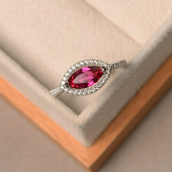 Lab created ruby ring, July birthstone ring, marquise cut, sterling silver ring, halo ring