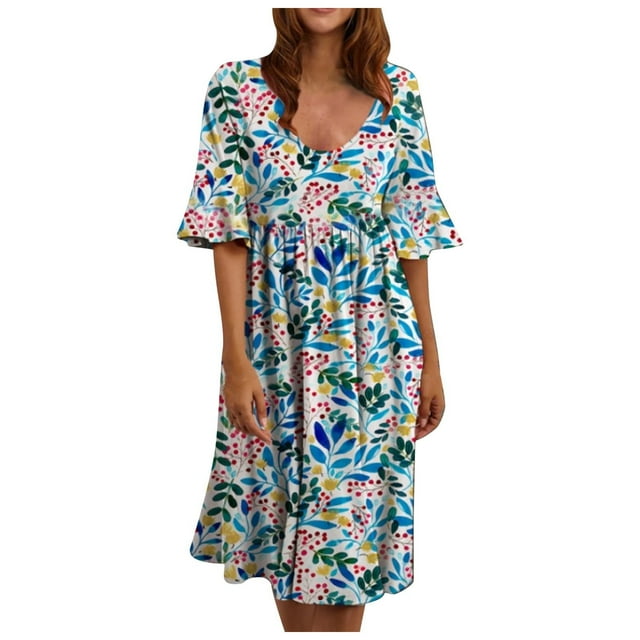 Robe d'Été avec Manches pour Femmes Mode Rétro Fleurs Écrasées Volants Manches Courtes Robe Décontractée Confortable Robe d'Été Courte pour Femmes Robe Manches Courtes pour Femmes