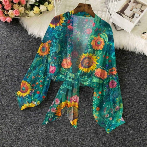 Aboser Boho Floral Bolero Cardigans for Women Trendy Tie Knot Sheer Cardigan Lightweight Puff Sleeve Cropped Cover Ups Open Front Shawl Tops