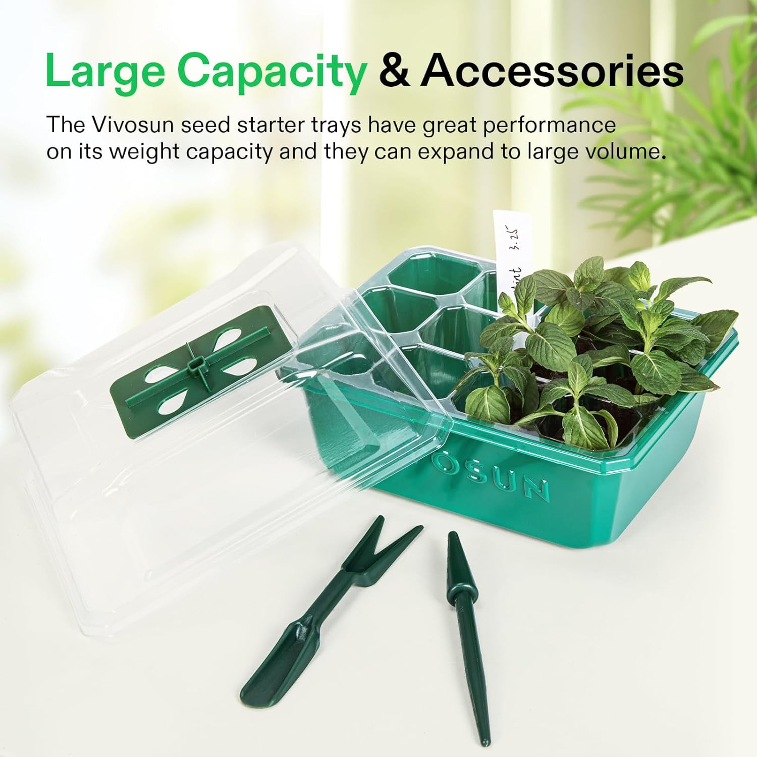 VIVOSUN 12-Pack Seed Starter Trays, 144-Cell Seed Starter Kit with Humidity Dome, Flat Reusable Plant Germination Trays with Drain Hole, Green Propagation Tray for Planting Seeds