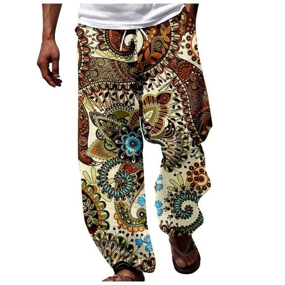 XIAONU Men's Boho Paisley Print Jogger Pants Elastic Waist Drawstring Casual Trousers Colorful Bohemian Daily Pant