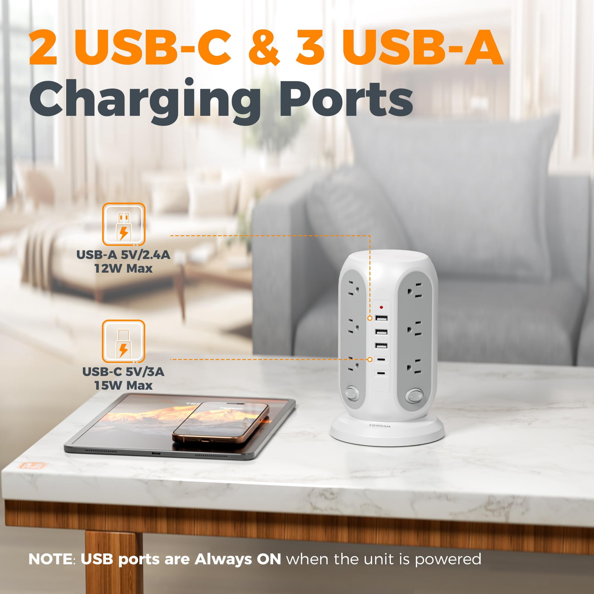 Tower Power Strip With Individual Switches  Surge Protector 12 Outlets 5 Usb Ports(2 C) Flat Extension Cord 10 Ft 1250w Charging Station For Multiple Devices Office Dorm Grey