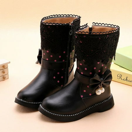 

Girls Waterproof Lace Bowknot Side Zipper Faux Fur Boots For Winter