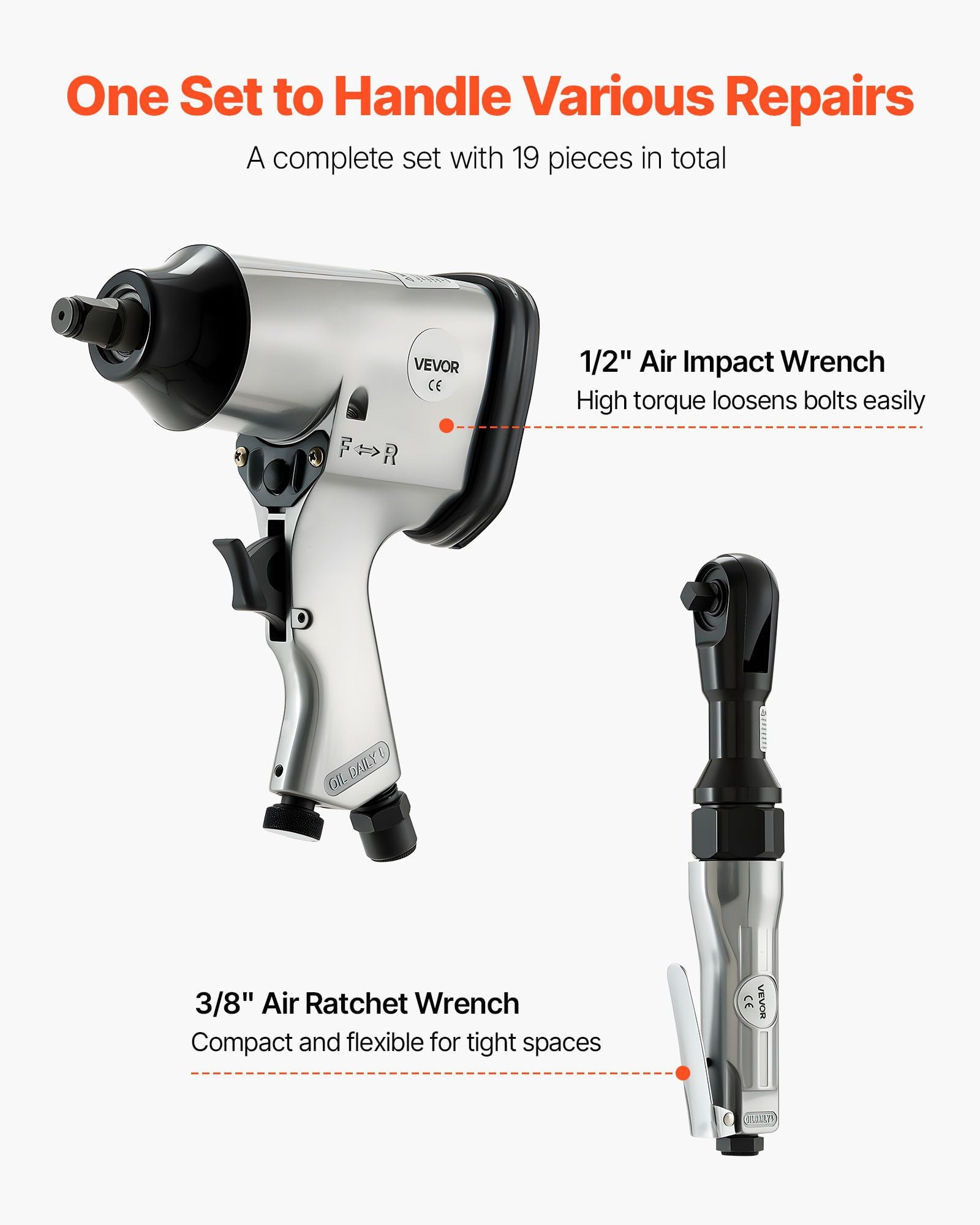 1/2" Air Impact Wrench & 3/8" Ratchet Wrench Combo Kit, 19-Piece Professional Pneumatic Tool Set with CR-V Steel Impact Sockets and Carrying Case – Ideal for Automotive Repair & DIY Home Projects
