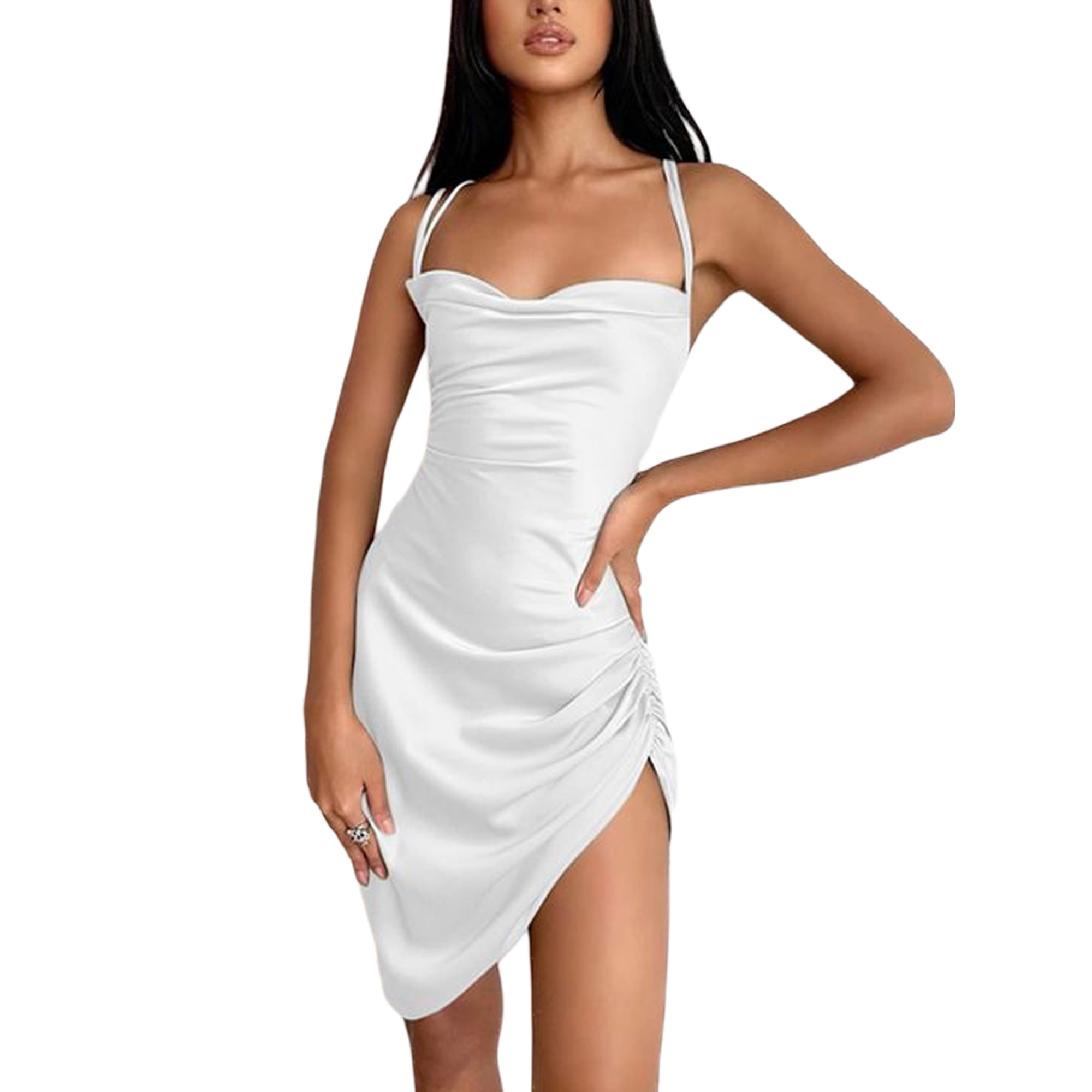 Women Spaghetti Strap Cowl Neck Satin Cami Dress Backless Drawstring Ruched  Split Bodycon Dress Party Clubwear - Walmart.com