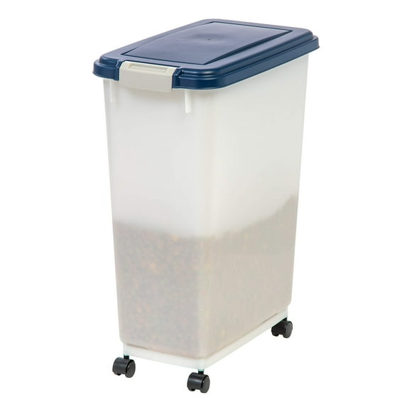 IRIS USA Airtight Dog Food Storage Container, Up to 17 Kg, Attachable Wheels, For Dog Cat Bird and Other Pet Food Storage Bin, Keep Fresh, Easy Mobility, BPA Free, Navy/Pearl