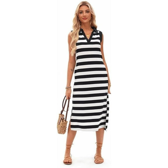 Women's Black Striped Maxi Sundress – Sleeveless V-Neck with Slit Hem & Hidden Pockets (XL, Loose Fit)