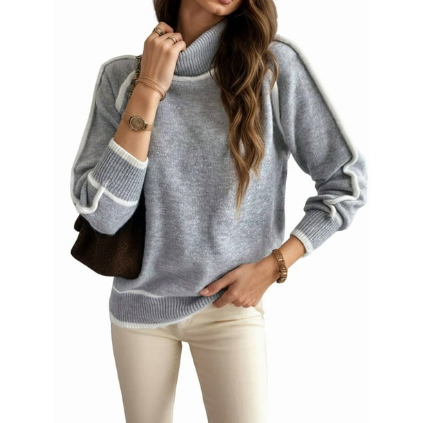 Suéteres de Otoño para Mujer, Modernos, Bonitos y Acogedores, de Cuello Alto, de Larga y Punto con Bloques de Color. Gris XL