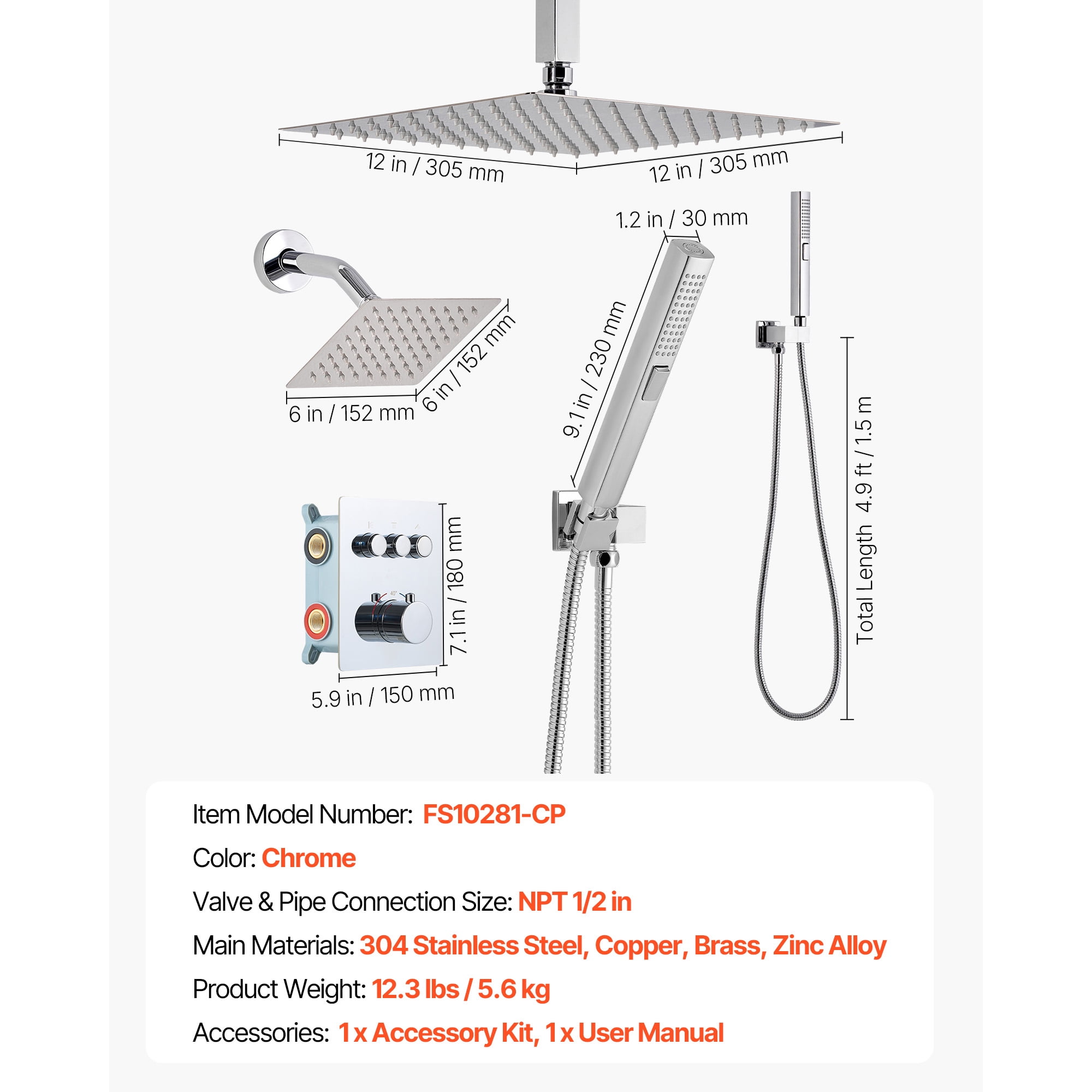 KFFKFF 12-Inch Thermostatic Ceiling Rain Shower System with Wall-Mounted Head and 2-in-1 Handheld Spray, 3-Function Dual Showerhead with Brass Valve and Trim Kit, Chrome Finish