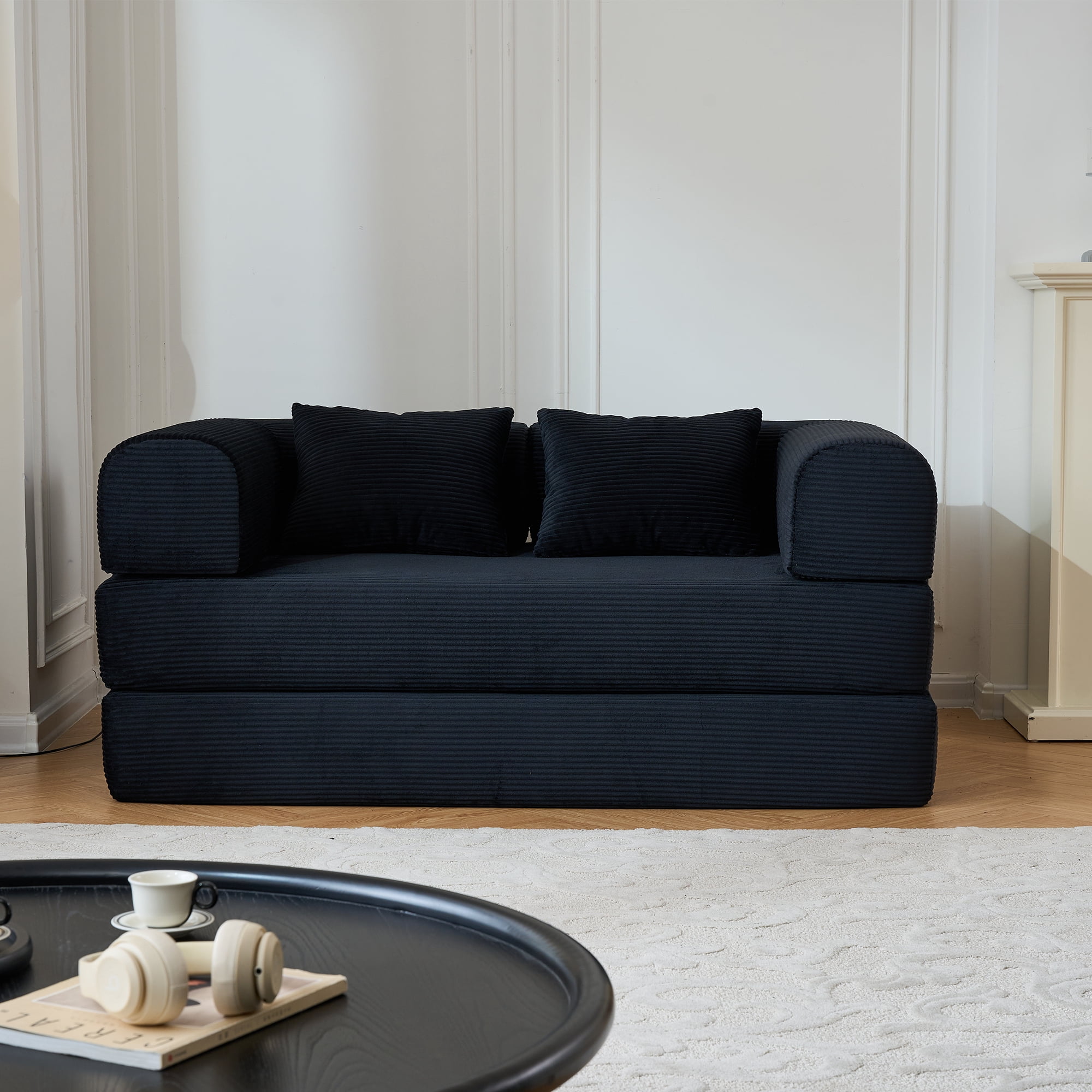 BSHTI 59" Casual Corduroy Convertible Sleeper Sofa Bed with Cylindrical Pillow, No Assembly, Small Space for Living Room（Black）