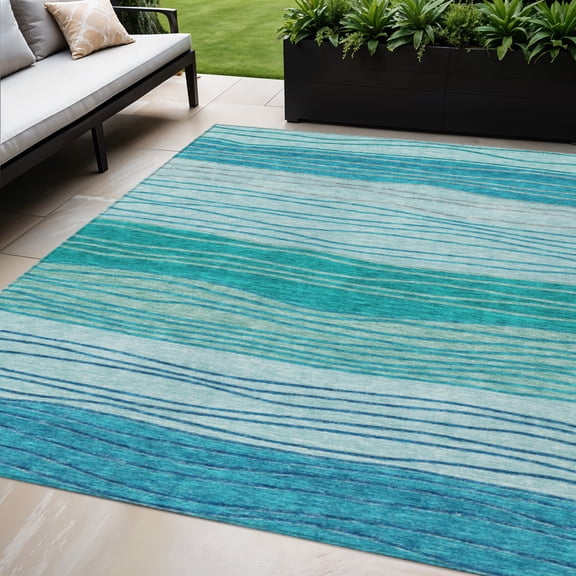 5' X 8' Sky Blue Teal Blue And Aqua Striped Washable Indoor Outdoor Area Rug