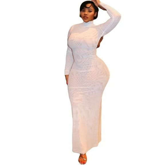 Women's Stand Collar Long Sleeve Lace-up & Backless Long Dress, Hips Wrapped, Gauze Spliced, Solid Color, Sexy