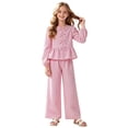 thumbnail image 3 of mgoYE Girl's 2 Piece Fall Winter Outfits Bow Striped Long Sleeve Top and Wide Leg Pants Cute Clothing Sets(Pink,9-10 Years), 3 of 5