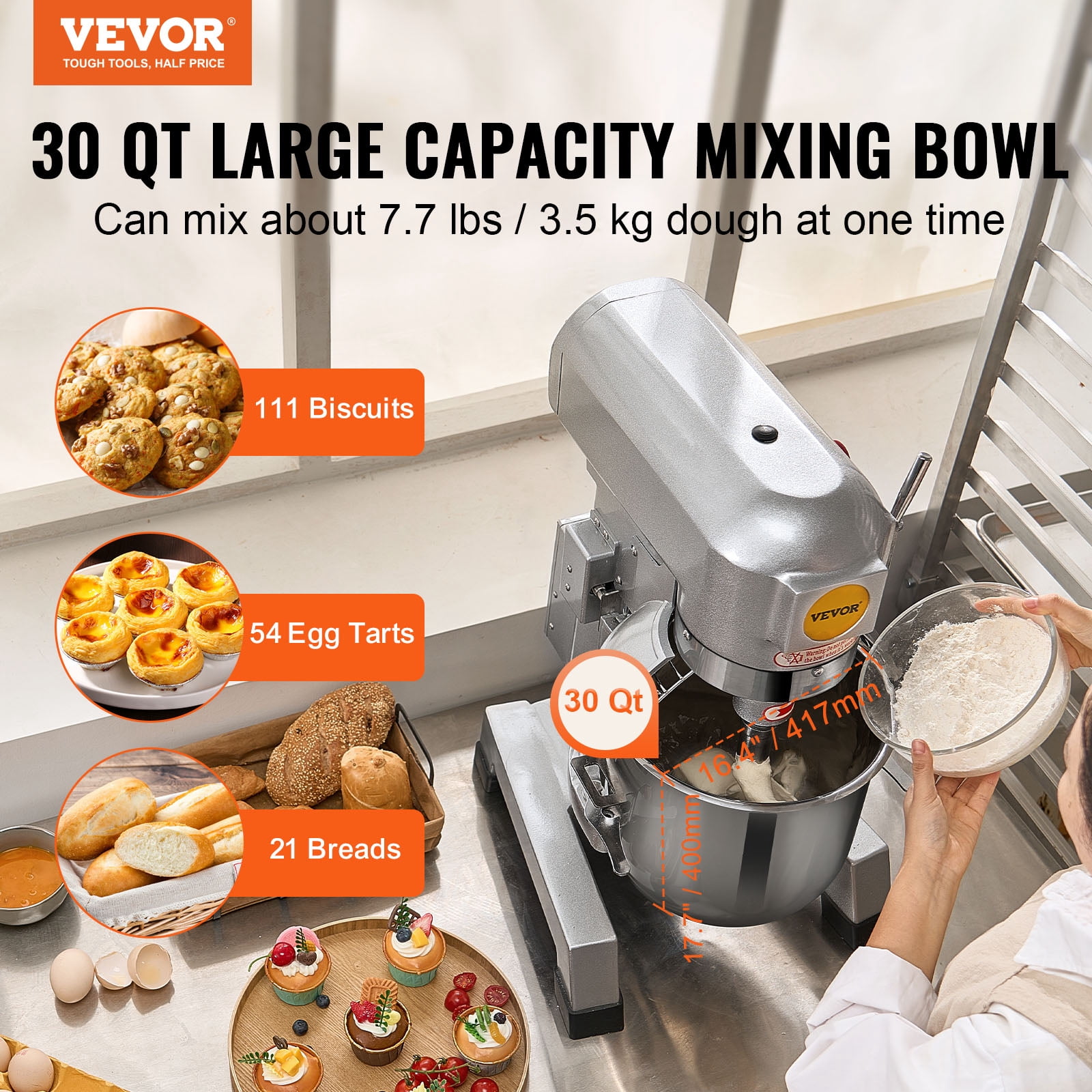 VEVOR Commercial Food Mixer,30Qt Commercial Mixer with Timing Function, 1100W Stainless Steel Bowl Heavy Duty Electric Food Mixer Commercial with 3 Speeds Adjustable 108/199/382 RPM,Dough Hook Whisk