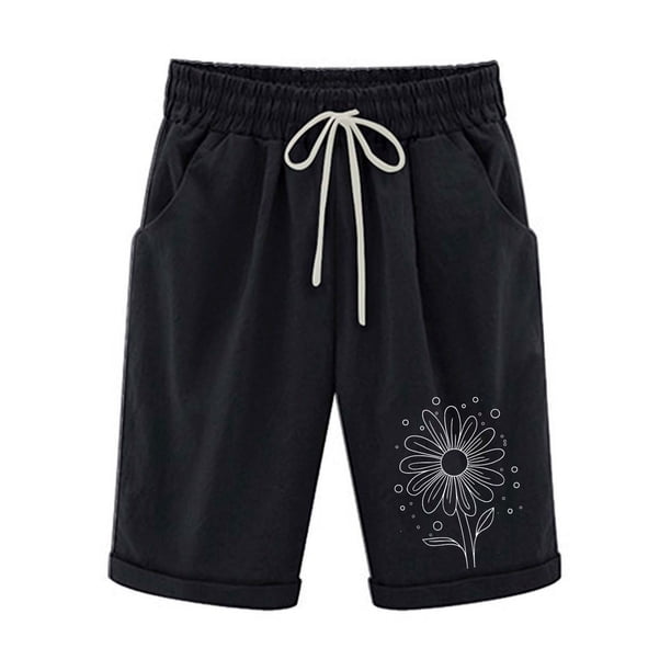 Pantalones Cortos de Verano para las Mujeres de Cintura Alta Estampado Elástico Cordón de Cintura, Casual Bolsillos Pantalones de Pijama
