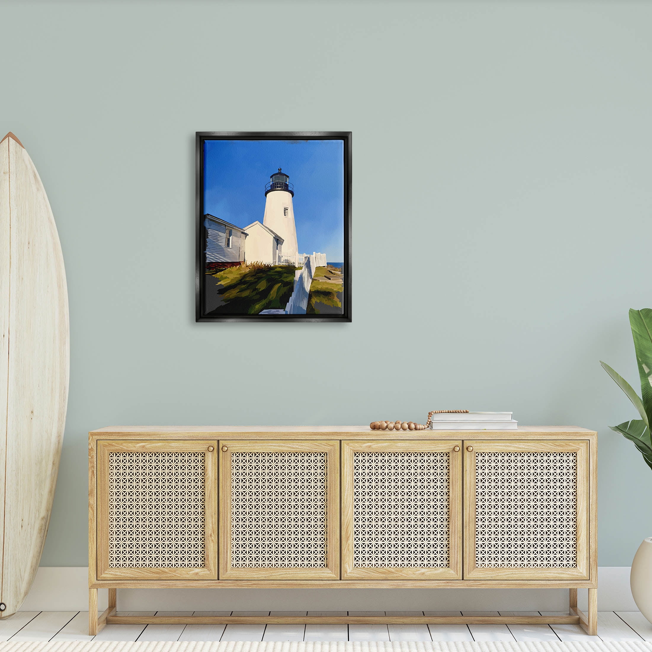 Stupell Industries Coastal Lighthouse Clear Blue Sky Graphic Art Jet Black Floating Framed Canvas Print Wall Art, Design by Emily Kalina