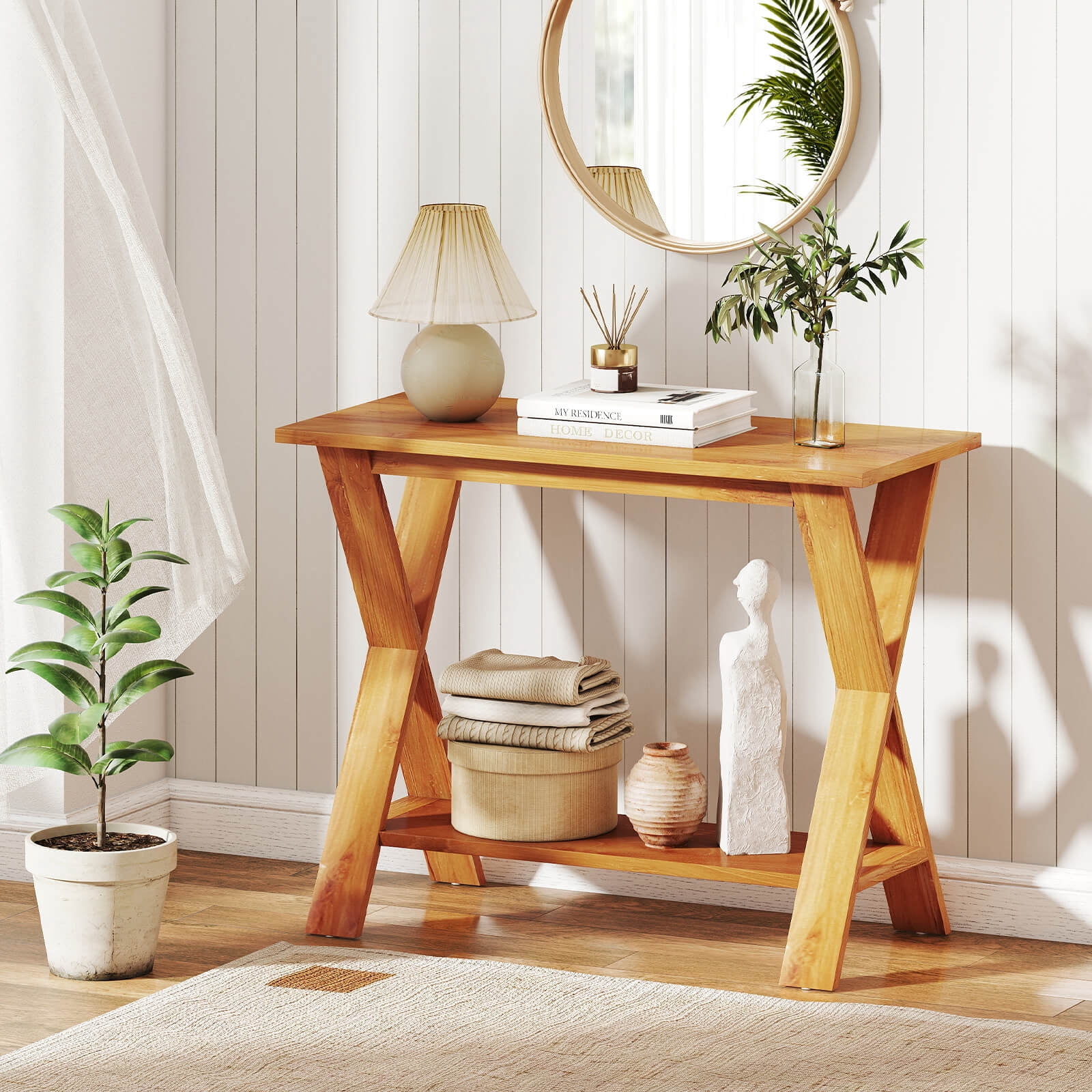 Costway 35.5-Inch Long Entryway Table with Storage Shelf Solid Teak Wood Console Table