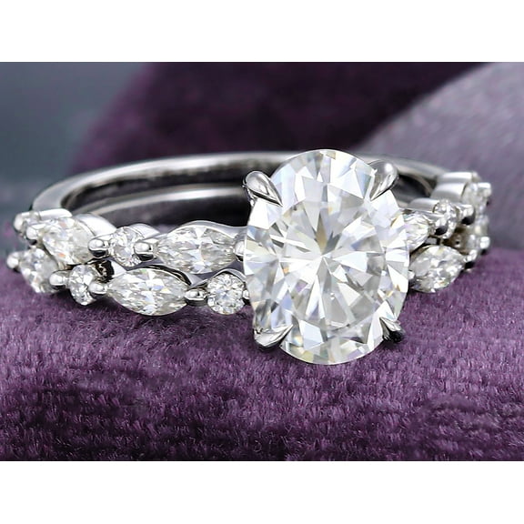 SOLITAIRE JEWELS 2Ct Oval cut Moissanite diamond Engagement Ring Set in 10k 14k 18k Solid Gold with Half Eternity Marquise Cut Womens Wedding Band