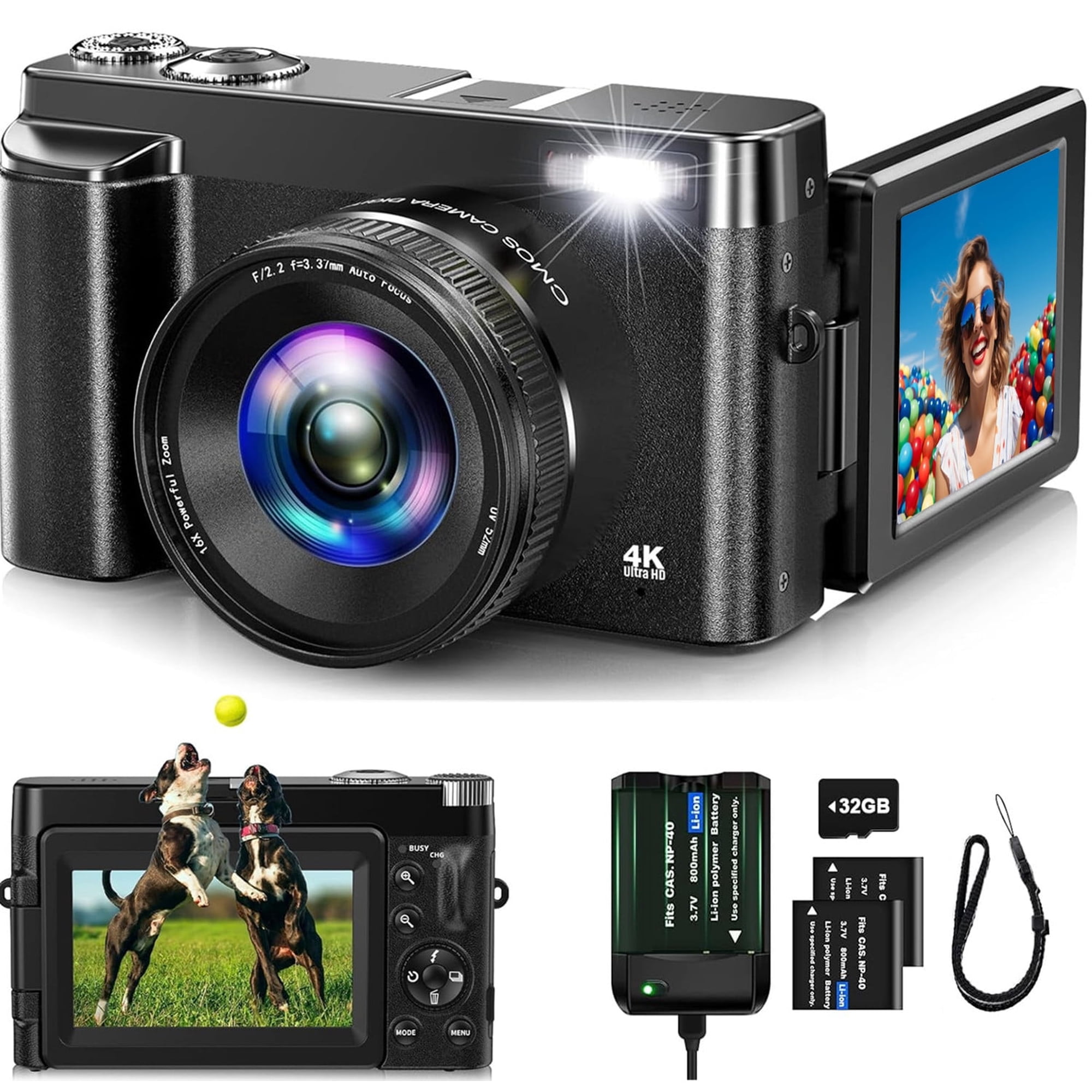 4K Digital Camera for Photography 48MP Autofocus Vlogging Cameras 16X Digital Zoom for Youtube with 32GB Card